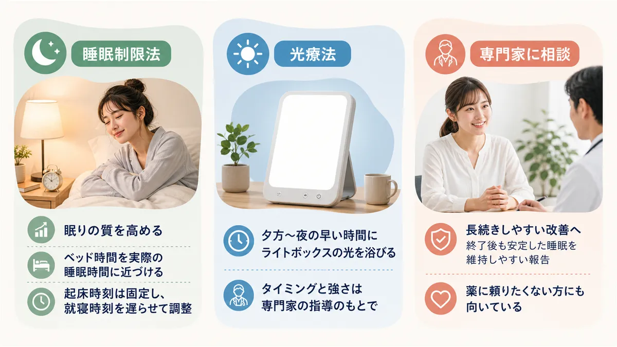 睡眠制限法で眠りの質を高める方法、光療法で体内時計を修正する方法、専門家に相談するメリットを紹介します。