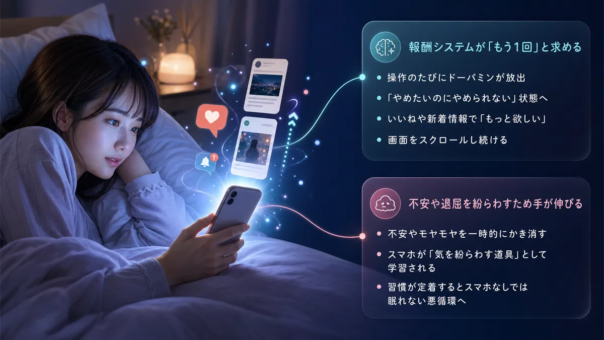 脳の報酬システムがスマホを「もう1回」と求める仕組みと、不安や退屈を紛らわすためにスマホに手が伸びることを解説します。