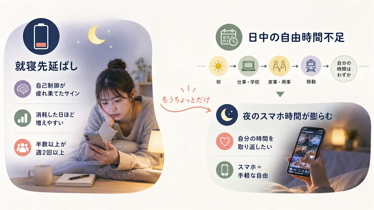 就寝先延ばしは自己制御が疲れ果てたサインであること、日中の自由時間不足が夜のスマホ時間を膨らませることを解説します。