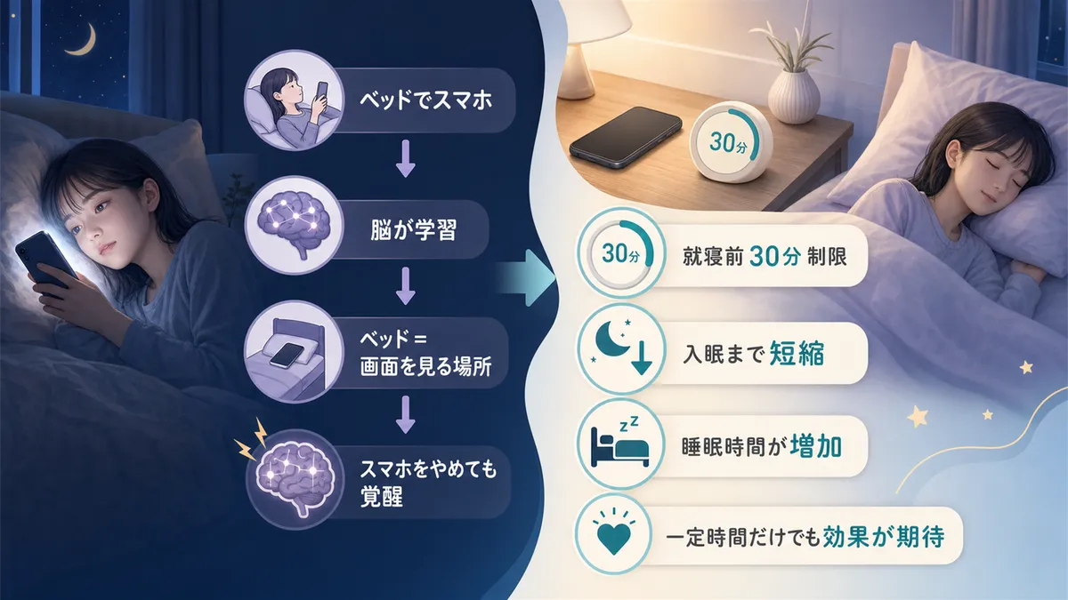 ベッドと覚醒が結びつく条件づけの仕組みと、スマホを30分制限するだけで寝つきが改善した研究を紹介します。