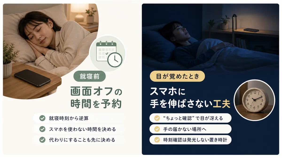 就寝前は画面オフの時間を予約すること、目が覚めたときにスマホに手を伸ばさない工夫を紹介します。