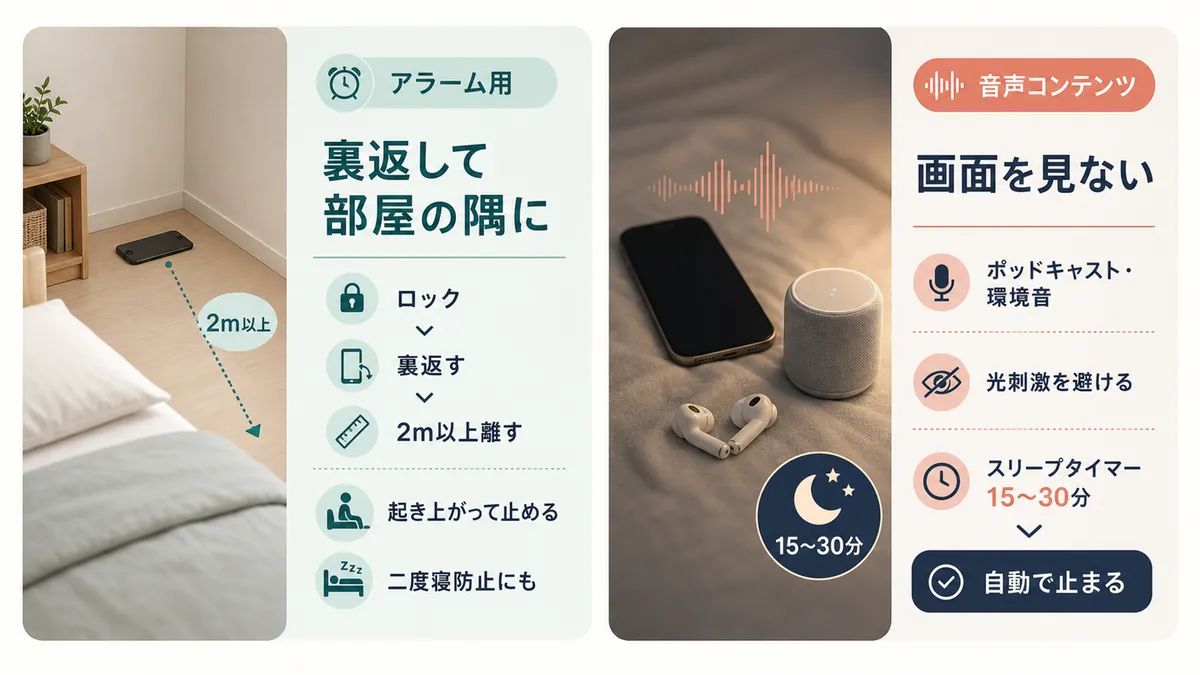 アラーム用なら裏返して部屋の隅に置くこと、音声コンテンツに切り替えて画面を見ない方法を紹介します。