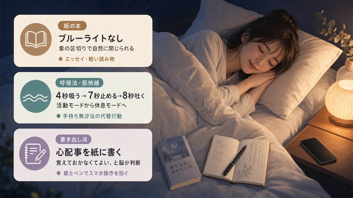 紙の本で睡眠の質を向上させること、呼吸法と筋弛緩法、書き出し法で頭のモヤモヤを手放す方法を紹介します。