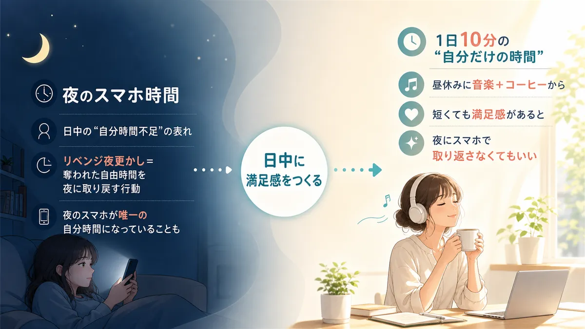夜のスマホ時間は日中の自分時間不足の表れであること、1日10分の自分だけの時間が夜の行動を変えることを紹介します。