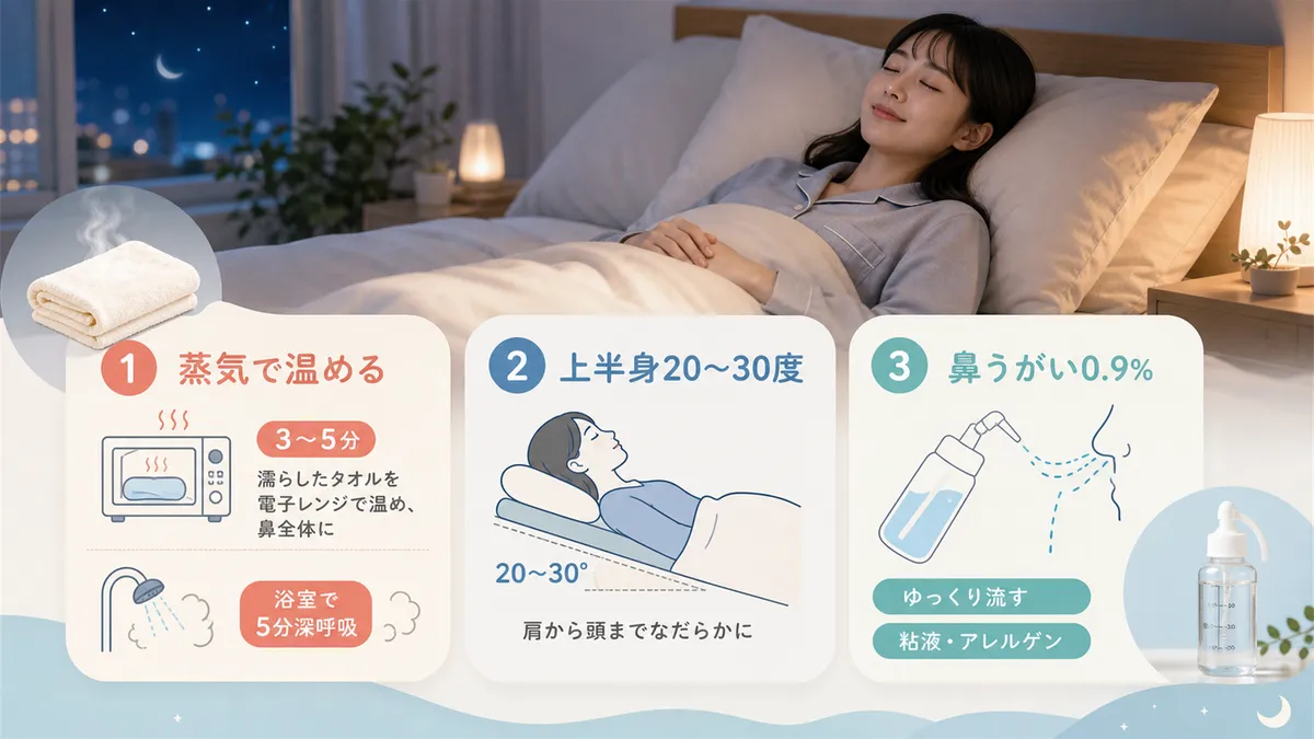 蒸しタオルや入浴の蒸気で鼻腔を広げる方法、上半身を20〜30度起こして鼻への血液の溜まりを防ぐ方法、鼻うがいで粘液やアレルゲンを洗い流す方法を紹介します。