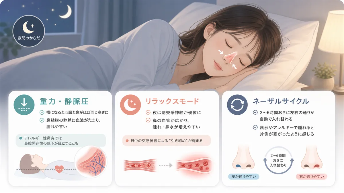 重力と静脈圧の変化が鼻粘膜を腫れさせること、リラックスモードに入ると鼻の血管が広がること、左右交互に詰まるネーザルサイクルの仕組みを解説します。