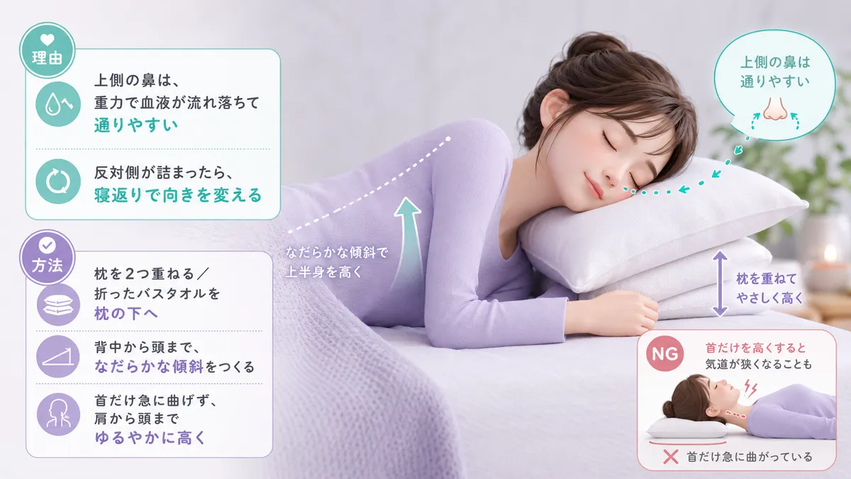 詰まっている側を上にして横向きに寝る理由と、枕やクッションで上半身を高くする具体的な方法を紹介します。