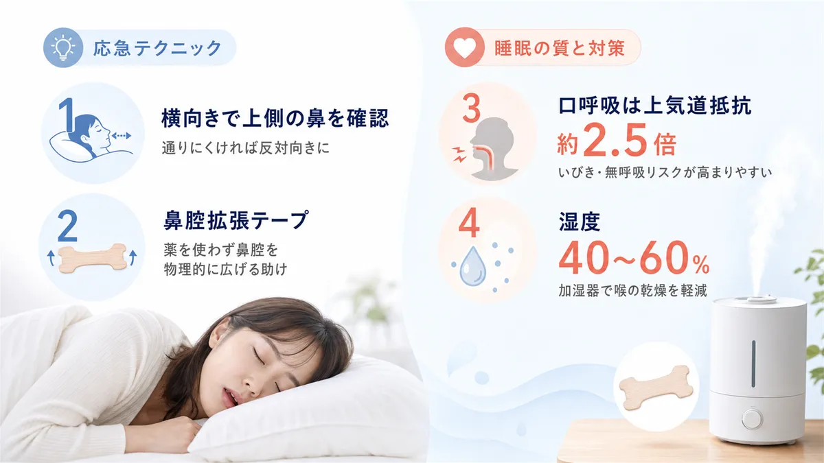 片側だけでも通すための応急テクニックと、口呼吸が睡眠の質を下げる理由と対策を紹介します。