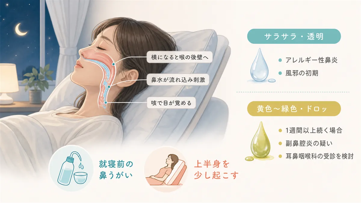 後鼻漏で咳が出て眠れなくなるメカニズムと、鼻水のタイプで原因を見分けるポイントを紹介します。