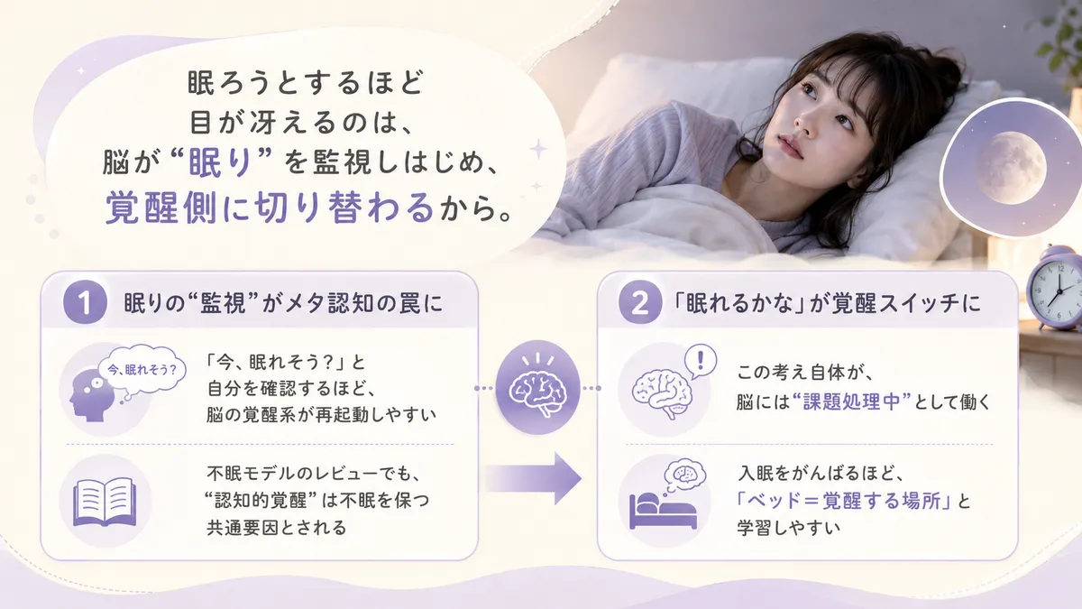 眠りの監視がメタ認知の罠を生むこと、「眠れるかな」が覚醒のスイッチになる仕組みを解説します。