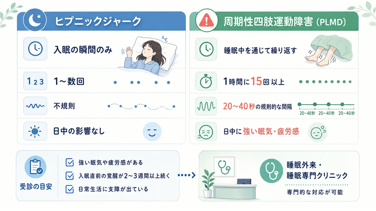 ヒプニックジャークと周期性四肢運動障害の違いと、何科を受診すればよいかを紹介します。（ヒプニックジャーク：入眠の瞬間のみ・1〜数回・不規則・日中の影響なし、周期性四肢運動障害：睡眠中を通じて繰り返す・1時間に15回以上・20〜40秒の規則的な間隔・日中に強い眠気や疲労感）