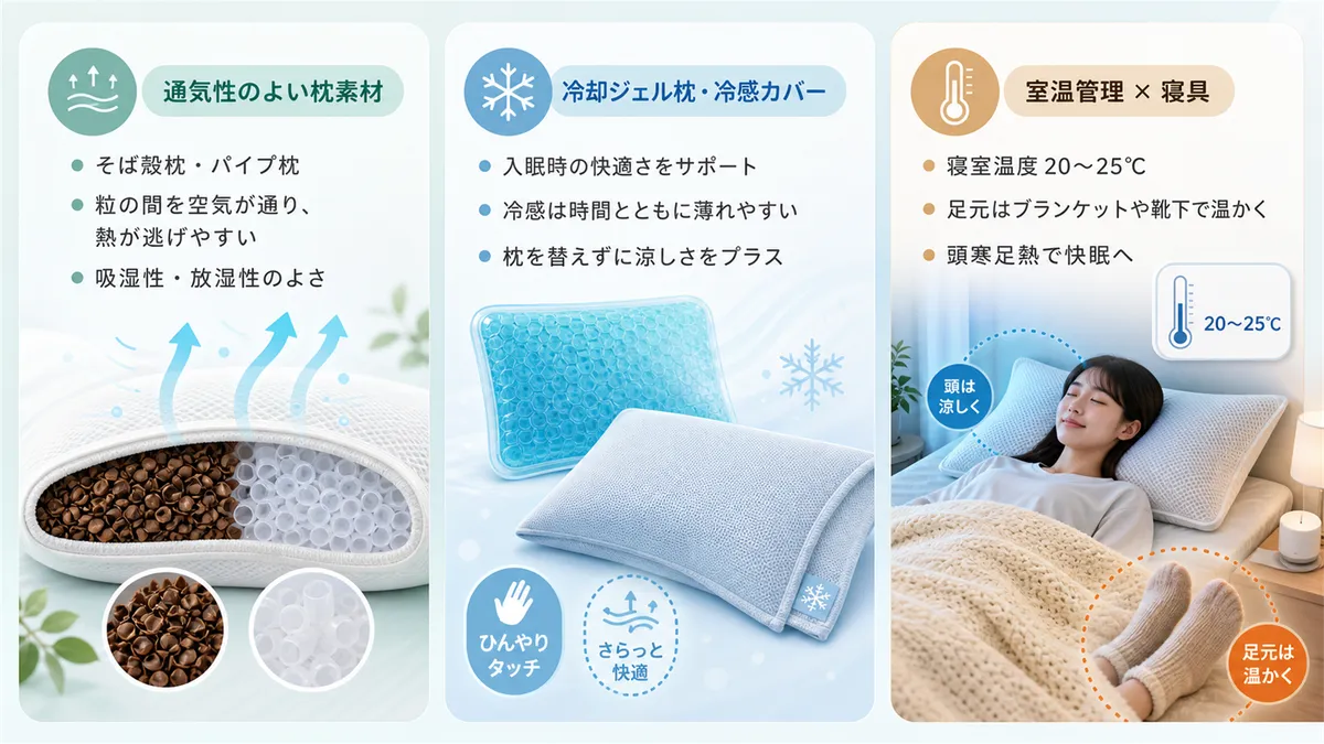通気性のよい枕素材、冷却ジェル枕や冷感枕カバーの活用法、室温管理と寝具の組み合わせを紹介します。
