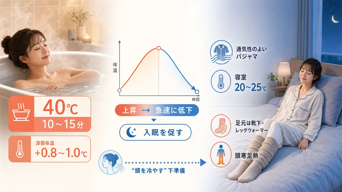 入浴後の体温低下が入眠を加速する仕組みと、お風呂上がりに頭を涼しくする実践ステップを紹介します。