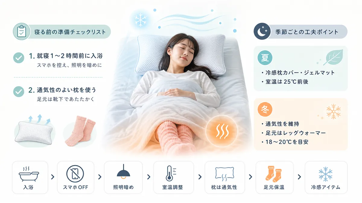寝る前の準備チェックリストと、季節ごとの工夫ポイントを紹介します。（実践ステップ：就寝1〜2時間前に入浴→入浴後はスマホを控え照明を暗くする→寝室を20〜25℃に調整する→通気性のよい枕を使い頭に熱がこもらないようにする→足元は靴下やレッグウォーマーで温める→冷感枕カバーやジェルマットをプラスする）