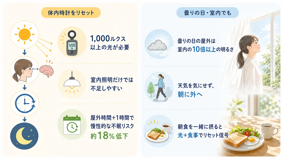 朝の光が体内時計をリセットする仕組みと、曇りの日や室内でもできる光の浴び方を紹介します。