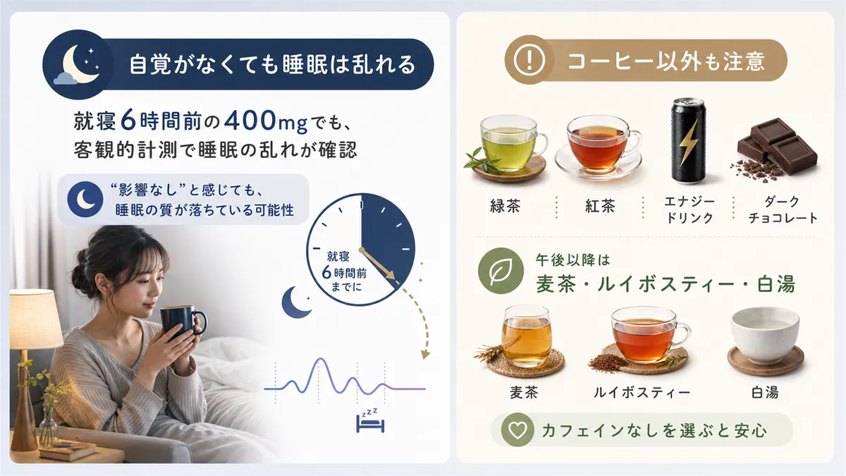 自覚がなくても睡眠は乱れていること、コーヒー以外に注意したいカフェイン飲食物を紹介します。