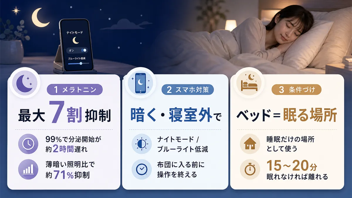 メラトニンが最大7割も抑えられること、どうしてもスマホを使うときの対策、ベッド＝眠る場所の条件づけを取り戻す方法を紹介します。