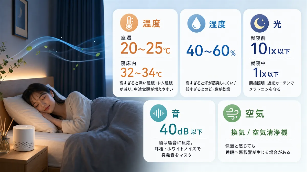 温度20〜25度、湿度40〜60%、就寝中1ルクス以下、騒音40デシベル以下の目安と、空気の質についても紹介します。