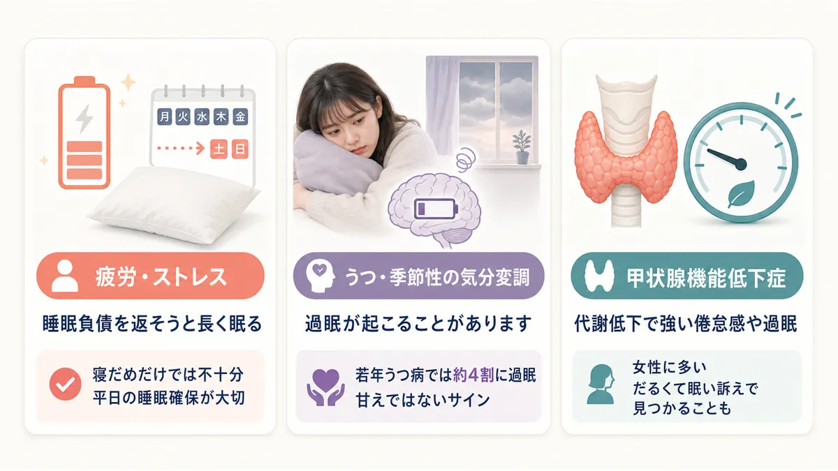 疲労やストレスの蓄積で体が回復を求めていること、うつ病や季節性の気分変調が過眠を引き起こすこと、甲状腺機能低下症と過眠の関係を解説します。