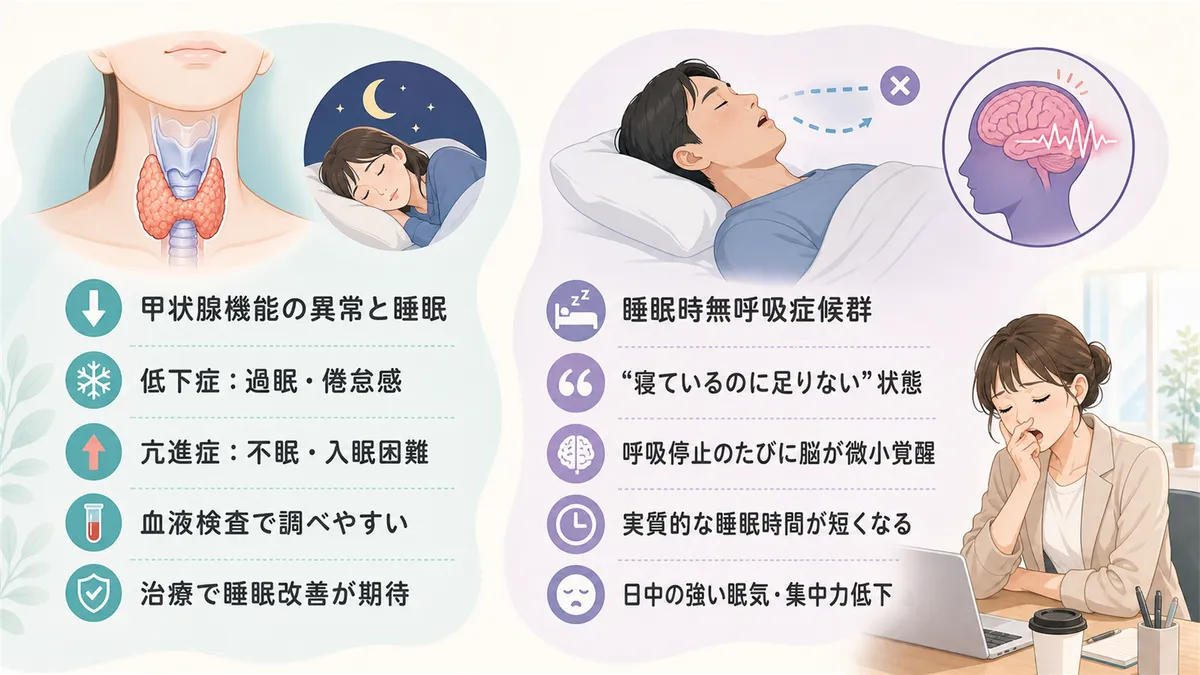 甲状腺機能の異常と睡眠の関係、睡眠時無呼吸症候群は「寝ているのに足りない」状態であることを解説します。