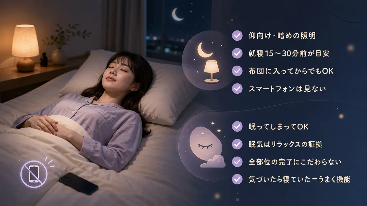 布団の上で仰向けになり照明を落として行うこと、そのまま眠りに落ちても問題ないことを紹介します。