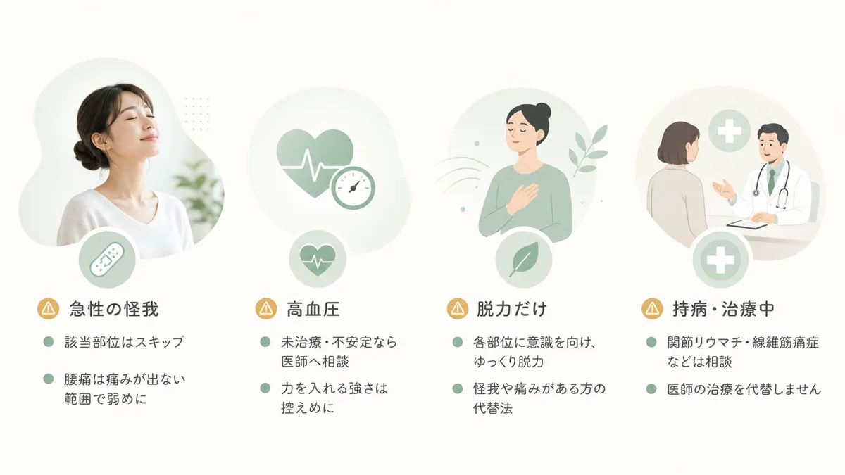 注意が必要な疾患・状態の判断ガイド、力を入れずに脱力だけで行う方法、持病や治療中の方は事前に医師へ相談することを紹介します。