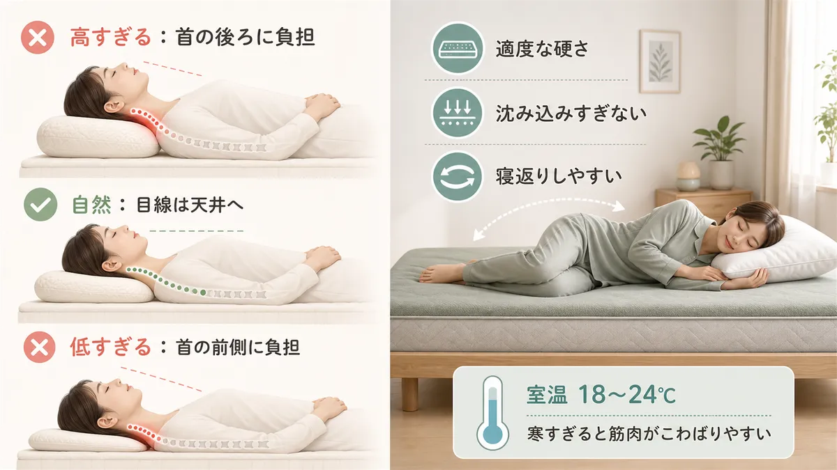 枕の高さと首・肩の緊張の関係、寝返りしやすい環境づくりのポイントを紹介します。