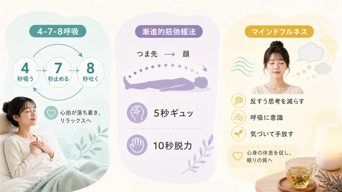 呼吸法と筋弛緩法のやり方、マインドフルネスが眠りの質を高める仕組みを紹介します。
