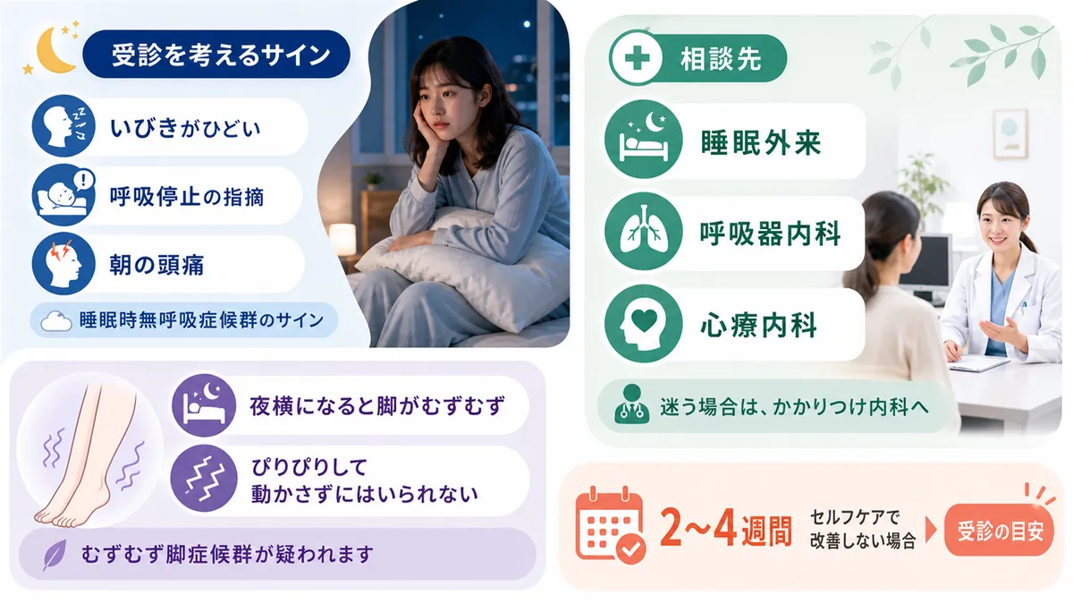 睡眠時無呼吸症候群とむずむず脚症候群のサイン、何科を受診すればいいのかを紹介します。