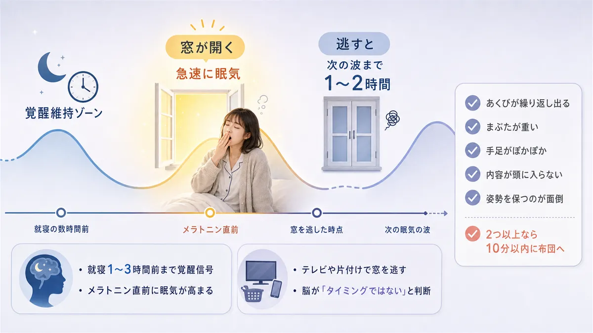 覚醒維持ゾーンが終わった直後に窓が開くこと、窓を逃すと次の波まで1〜2時間待つことになること、眠気のサインを見逃さないためのチェックリストを紹介します。（眠気サインのチェック項目：あくびが繰り返し出る・まぶたが重くなり目を開けているのがつらい・手足がぽかぽかと温かくなってきた・テレビや本の内容が頭に入ってこなくなった・体がだるく姿勢を保つのが面倒に感じる、逃すと次の波まで1〜2時間待つことになる）