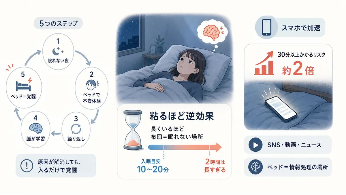条件づけ覚醒が形成される5つのステップ、ベッドで粘ることが逆効果になる理由、スマホが条件づけを加速させることを解説します。