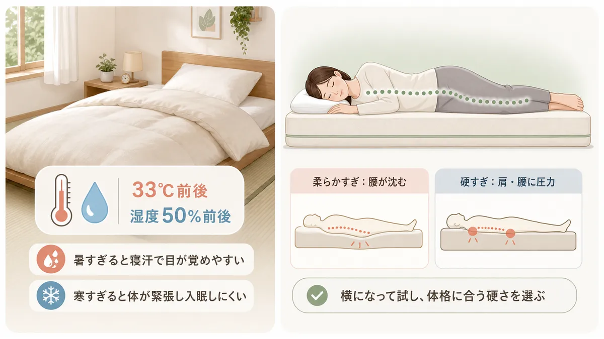 寝床内気象の目安、敷布団やマットレスの硬さの選び方を紹介します。