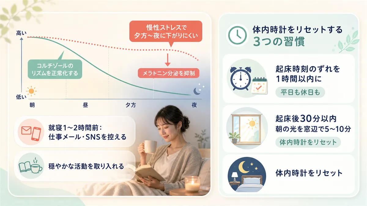 コルチゾールのリズムを正常化する方法と、体内時計をリセットする3つの習慣を紹介します。