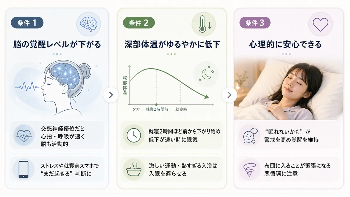 脳の覚醒レベルが十分に下がっていること、深部体温がゆるやかに低下していること、心理的に安心できる状態であることの3条件を解説します。