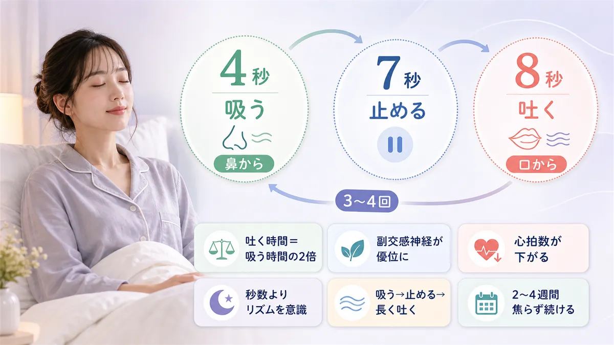 吐く息を長くする4-7-8呼吸法の手順と、呼吸法の効果を高めるコツと注意点を紹介します。