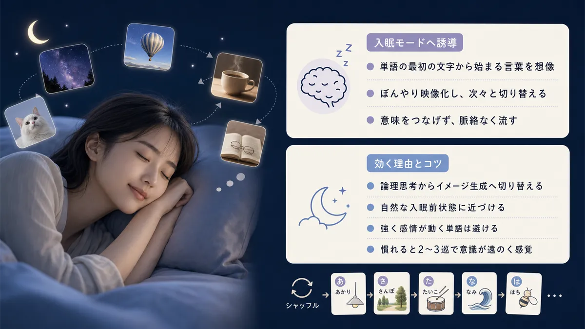 ランダムな単語と映像で脳を入眠モードへ誘導する方法と、認知シャッフルが効く理由と実践のコツを紹介します。