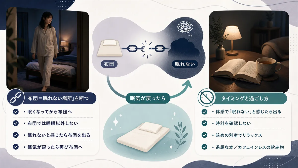 布団＝眠れない場所という結びつきを断ち切ること、布団を出るタイミングと過ごし方を紹介します。
