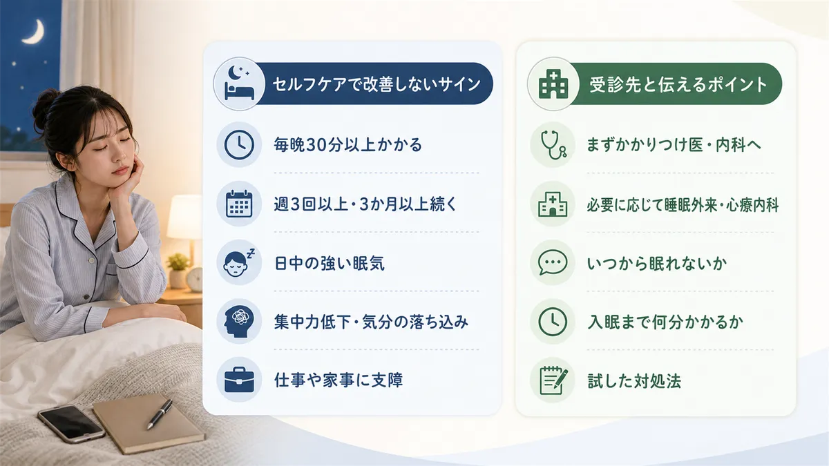 セルフケアで改善しない場合のサインと、受診先の選び方と伝えるべきポイントを紹介します。